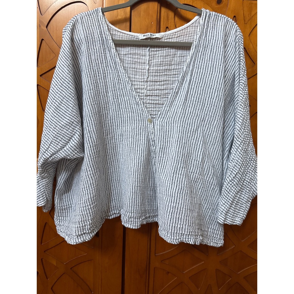 Meo Meli Italy Striped Linen Cotton V-Neck Oversized Blouse White Blue